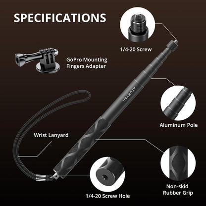 ATUMTEK 45" Invisible Selfie Stick, 1/4" Extended Monopod Pole, Solid and Compact Design for Insta360, for GoPro, DJI, Action Camera (Buckle Mount for GoPro and Wrist Strap Included)