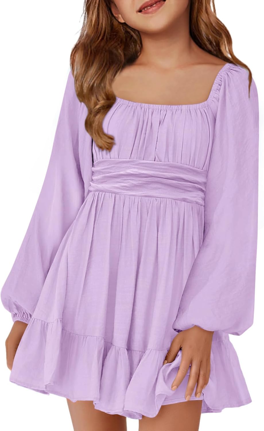 Batermoon Girls Long Sleeve Tie Back Dress Kids Fall Square Neck A-Line Mini Dresses 5-14 Years