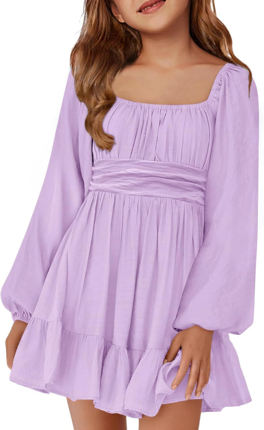 Batermoon Girls Long Sleeve Tie Back Dress Kids Fall Square Neck A-Line Mini Dresses 5-14 Years