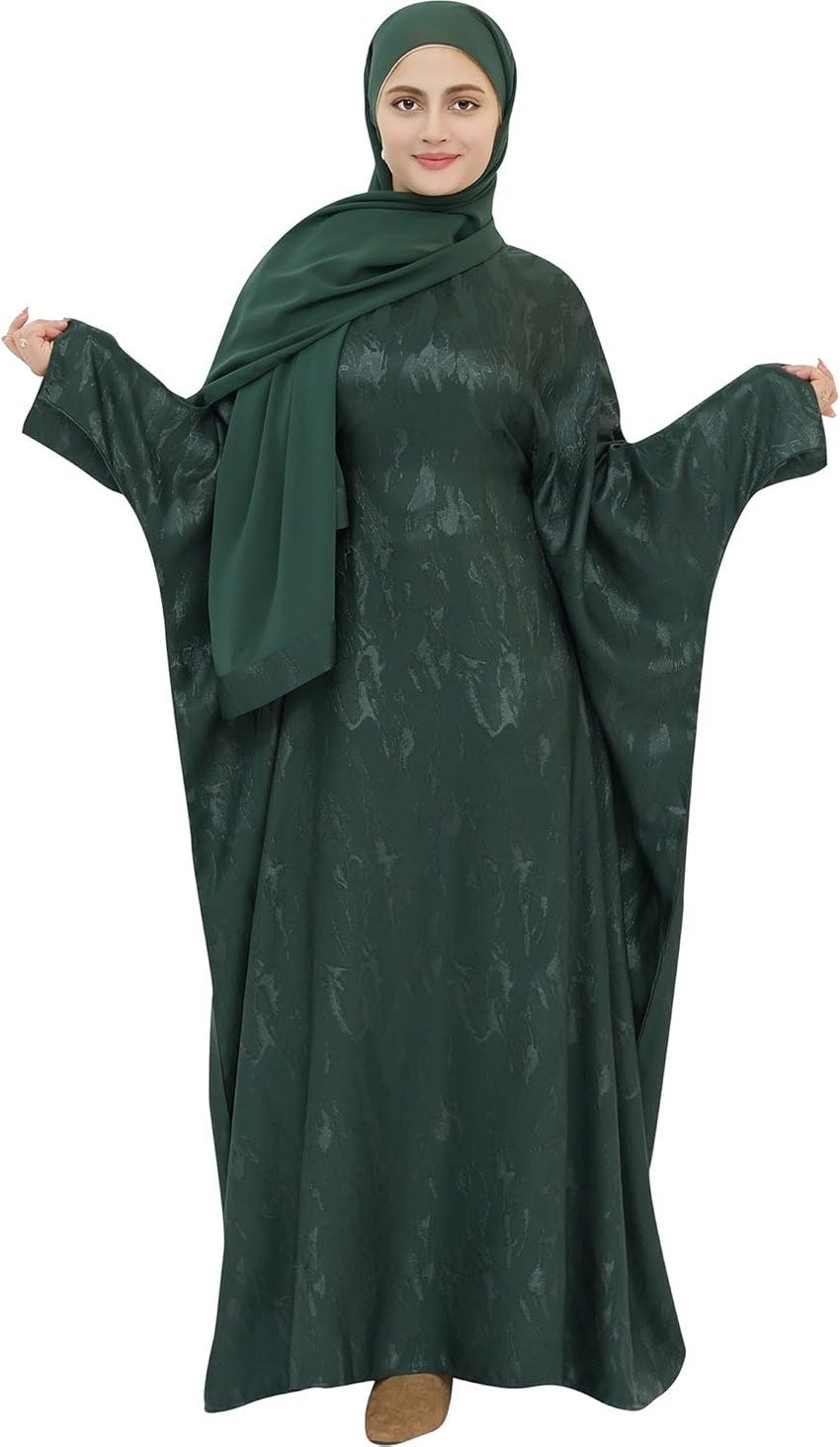 Elegant Eid Clothes Women Muslim Glossy Batwing Sleeve Abaya Ramadan Prayer Dress with Belt