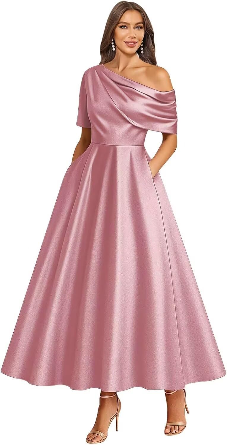 Tea Length Mother of Bride Dresses for Women Satin One Shoulder Wedding Guest Dress Formal Evening Party Gown with Pocket