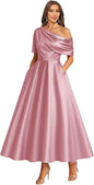 Tea Length Mother of Bride Dresses for Women Satin One Shoulder Wedding Guest Dress Formal Evening Party Gown with Pocket