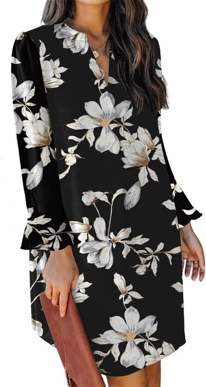 QACOHU Fall Dresses for Women 2025 Casual V Neck Long Sleeves Flowy Mini Tunic Dress