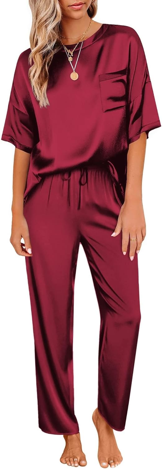 Ekouaer Womens Satin Silky Pajama Set Short Sleeve Shirt with Long Pajama Pant Set Soft PJ Loungewear