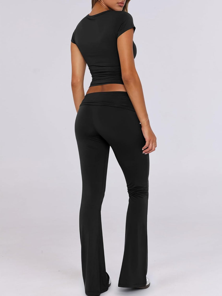 ANRABESS Lounge Sets for Women 2 Piece Foldover Yoga Flare Leggings Pants Crop Tops Casual Y2K Outfits Matching Tracksuit Set