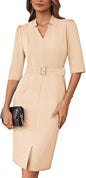 GRACE KARIN Women's Work Dress 3/4 Sleeve V Neck Bodycon Sheath Dress Zipper Up Office Business Dresses with Belt