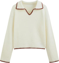 CIDER Sweaters for Women Trendy Color Trim Cute Long Sleeve V Neck Collared Knit Pullover Sweater Tops Fall Outfits