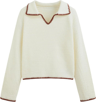 CIDER Sweaters for Women Trendy Color Trim Cute Long Sleeve V Neck Collared Knit Pullover Sweater Tops Fall Outfits