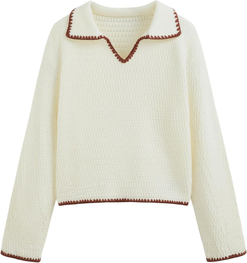 CIDER Sweaters for Women Trendy Color Trim Cute Long Sleeve V Neck Collared Knit Pullover Sweater Tops Fall Outfits