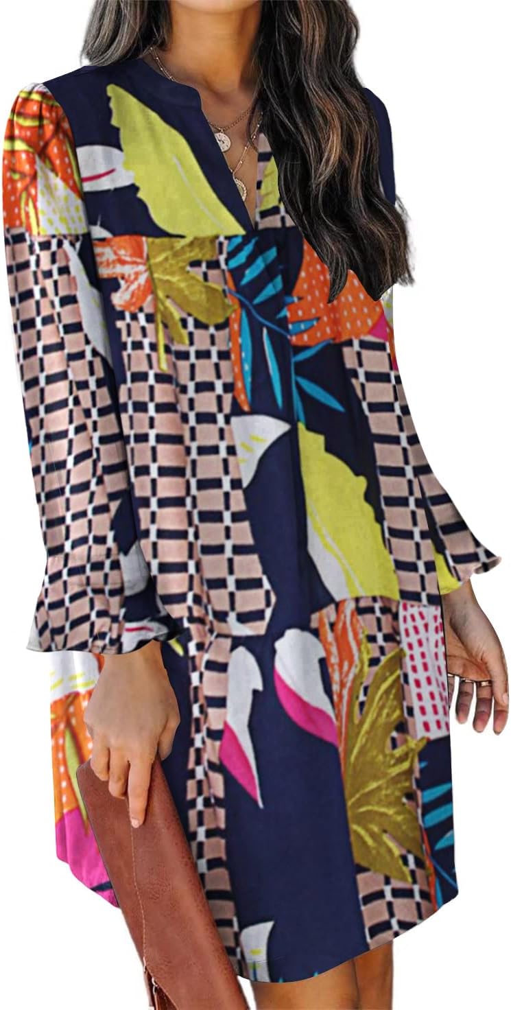 QACOHU Fall Dresses for Women 2025 Casual V Neck Long Sleeves Flowy Mini Tunic Dress