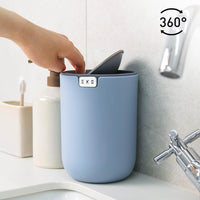 EKO Mini Desk Trash Can with Swing-Top Lid 0.4 Gallon Small Table Round Wastebasket for Office, Home, Car (Blue)