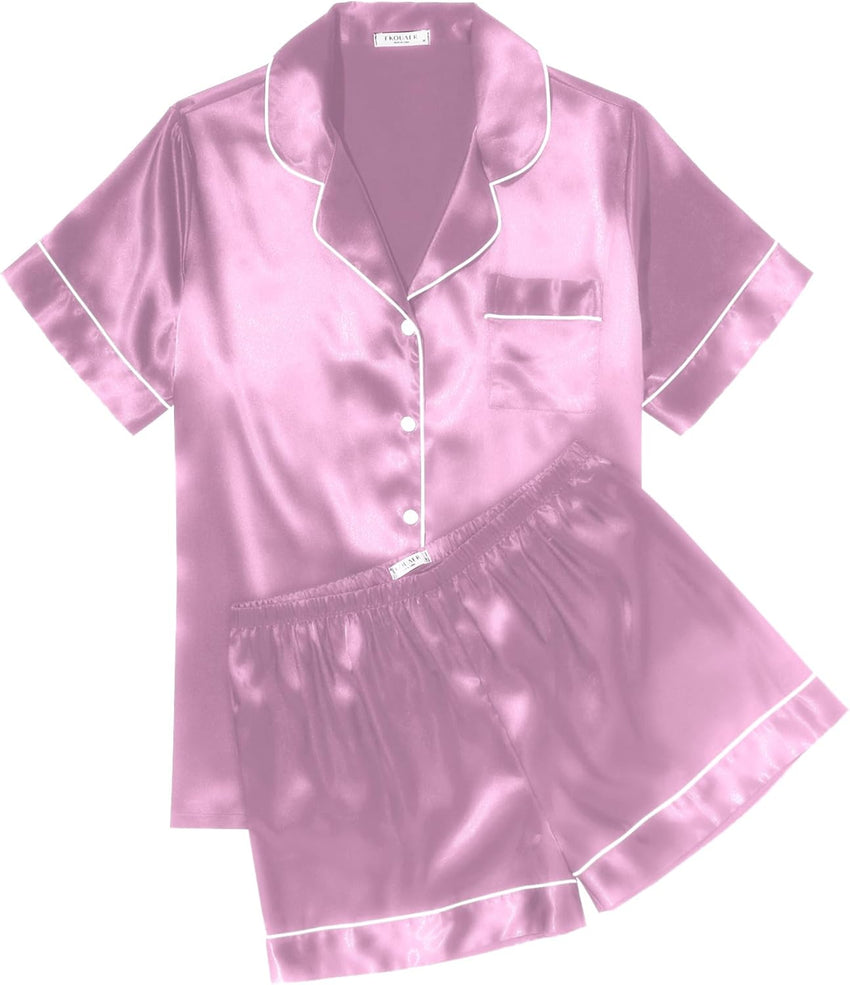 Ekouaer Womens Silk Satin Pajama Sets Soft Short Sleeve Button Down Sleepwear Top and Shorts 2 Piece Pjs Lounge Set