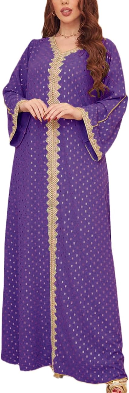 FPOVFPO Women's Muslim Abaya One-Piece V Neck Bronzing Dress Islamic Full Length Kaftan Daily Casual