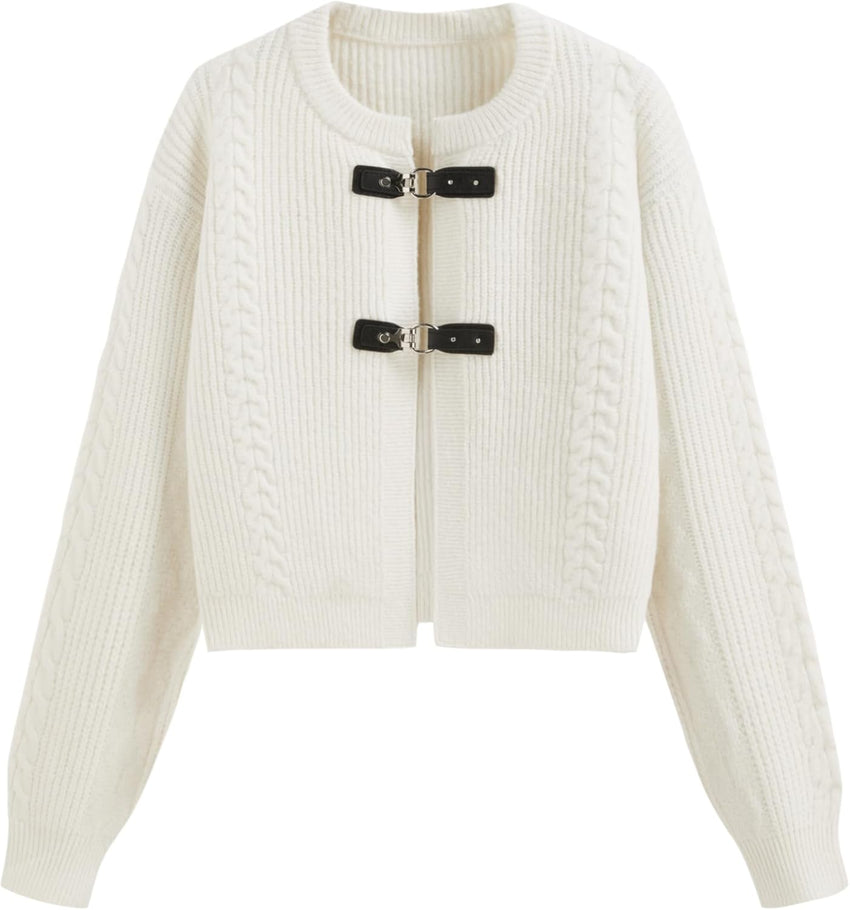 CIDER Cardigan Sweater for Women Round Neck Buckle Sweater Knitted Crop Top Long Sleeve Open Front Outerwear