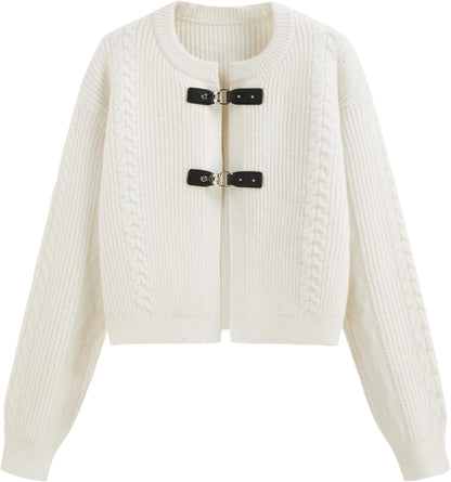 CIDER Cardigan Sweater for Women Round Neck Buckle Sweater Knitted Crop Top Long Sleeve Open Front Outerwear