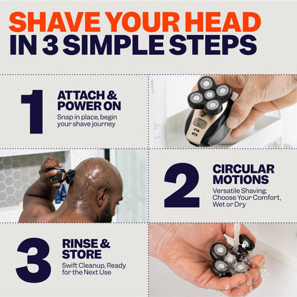 Freebird FlexSeries Electric Head & Body Hair Shaver - Mens Cordless Rechargeable Wet/Dry Skull Bald Head Back & Groin Waterproof Razor with Rotary Blades, Clippers, Nose Trimmer, Brush, Massager