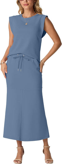 GRECERELLE Women Summer 2 Piece Sets Round Neck Wrinkle-Free Top & Elastic Waist Midi Fishtail Skirt with Pockets(XS-3XL)