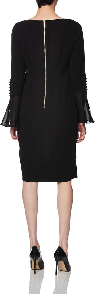 Calvin Klein Womens Chiffon Bell Sleeve Sheath Dress, Black, 6