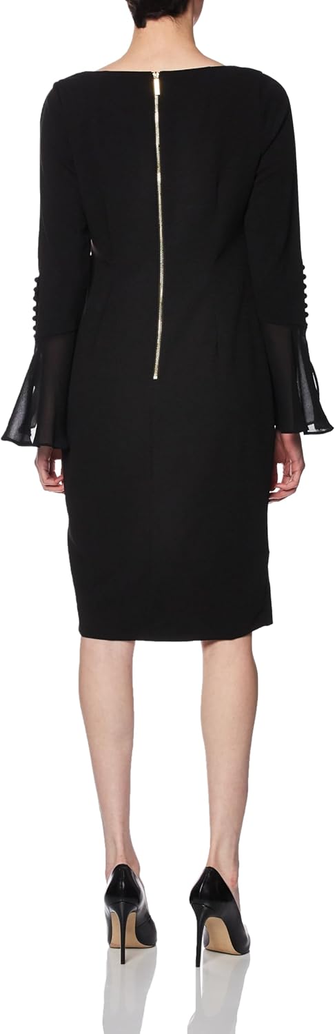 Calvin Klein Womens Chiffon Bell Sleeve Sheath Dress, Black, 6
