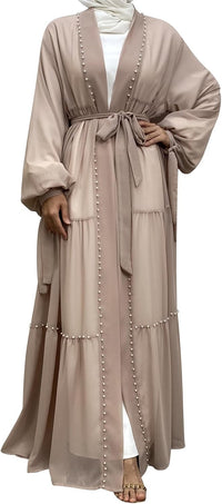 Abayas For Women Muslim Ramadan Long Sleeve Open Front Imitation Pearls Tiered Chiffon Dress Cardigan with Belt Dubai Kaftan