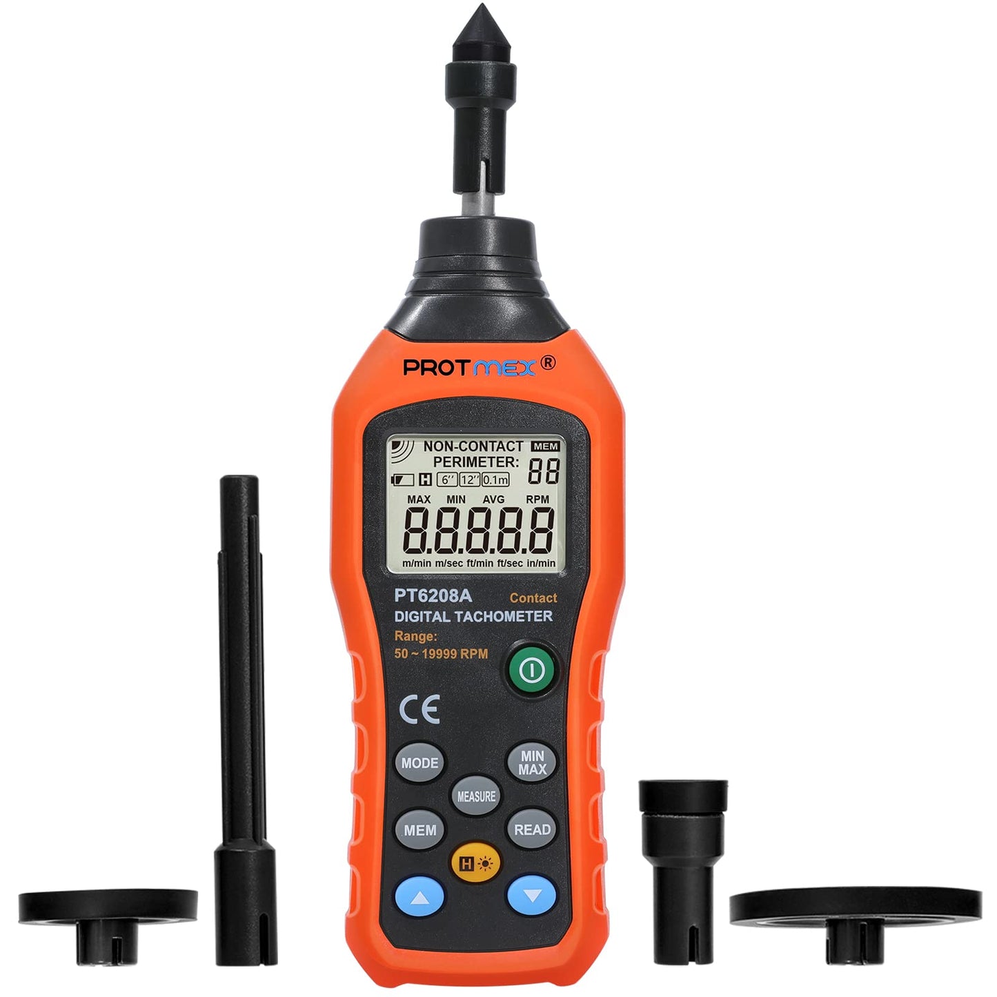 Digital Tachometer, 50-19999 RPM Contact Tachometer, 100 Groups Data Store Handheld Speed Meter with Backlight, Max/Min/AVG RPM Rotation Speed Gauge, PT6208A (Batteries Included)