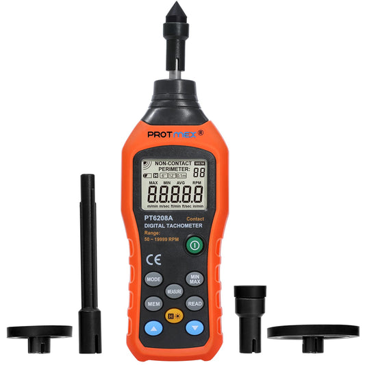 Digital Tachometer, 50-19999 RPM Contact Tachometer, 100 Groups Data Store Handheld Speed Meter with Backlight, Max/Min/AVG RPM Rotation Speed Gauge, PT6208A (Batteries Included)