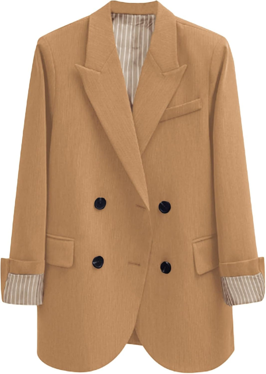 Mina Self 2025 Fall Women's Oversized Double-Breasted Blazer Striped-Lined Work Causal Business Suit Jacket with Pockets
