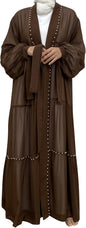 Abayas For Women Muslim Ramadan Long Sleeve Open Front Imitation Pearls Tiered Chiffon Dress Cardigan with Belt Dubai Kaftan