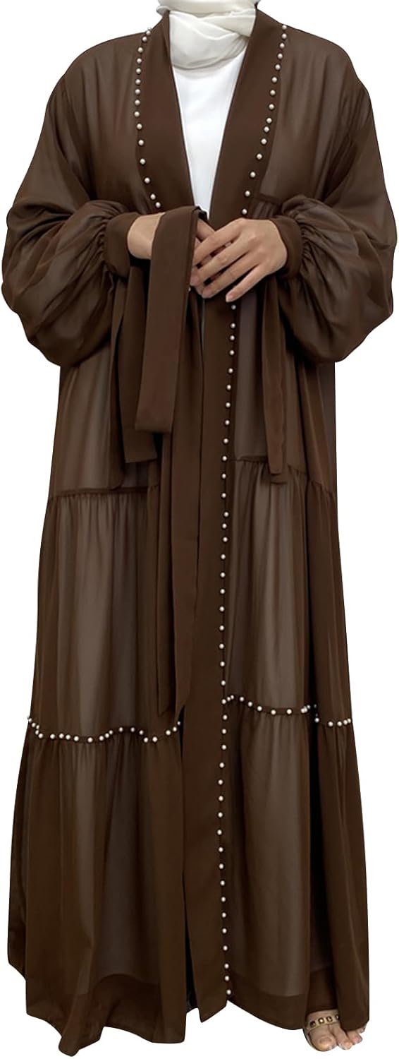 Abayas For Women Muslim Ramadan Long Sleeve Open Front Imitation Pearls Tiered Chiffon Dress Cardigan with Belt Dubai Kaftan