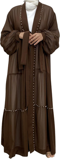 Abayas For Women Muslim Ramadan Long Sleeve Open Front Imitation Pearls Tiered Chiffon Dress Cardigan with Belt Dubai Kaftan