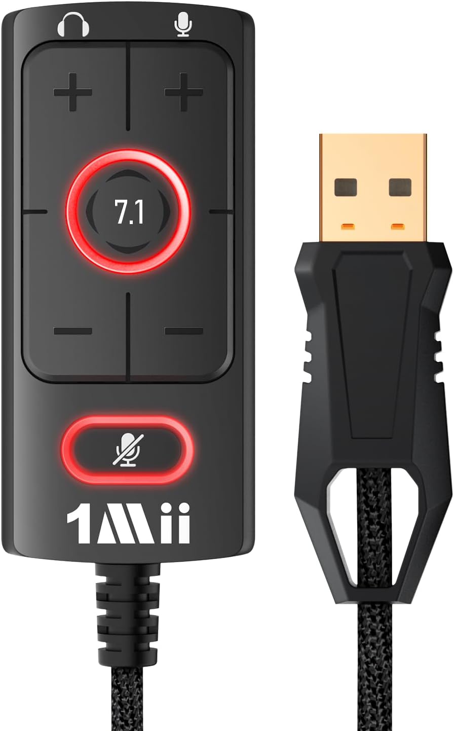 1Mii USB Sound Card - 3.5mm Jack Audio Adapter - Virtual 7.1 Surround Sound - USB Adapter for PS4/PC/MAC/Stereo Headsets, External Sound Card No Drivers Needed Plug and Play