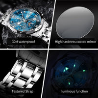 OLEVS Watches Men Luxury Chronograph Moon Phase Waterproof Luminous Watches for Men Analog Quartz Calendar Stainless Steel Strap Wrist Watches-(Black/Blue/Gold/Grey/Silver Face)