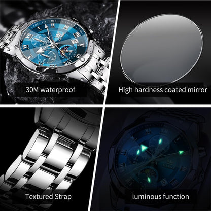 OLEVS Watches Men Luxury Chronograph Moon Phase Waterproof Luminous Watches for Men Analog Quartz Calendar Stainless Steel Strap Wrist Watches-(Black/Blue/Gold/Grey/Silver Face)