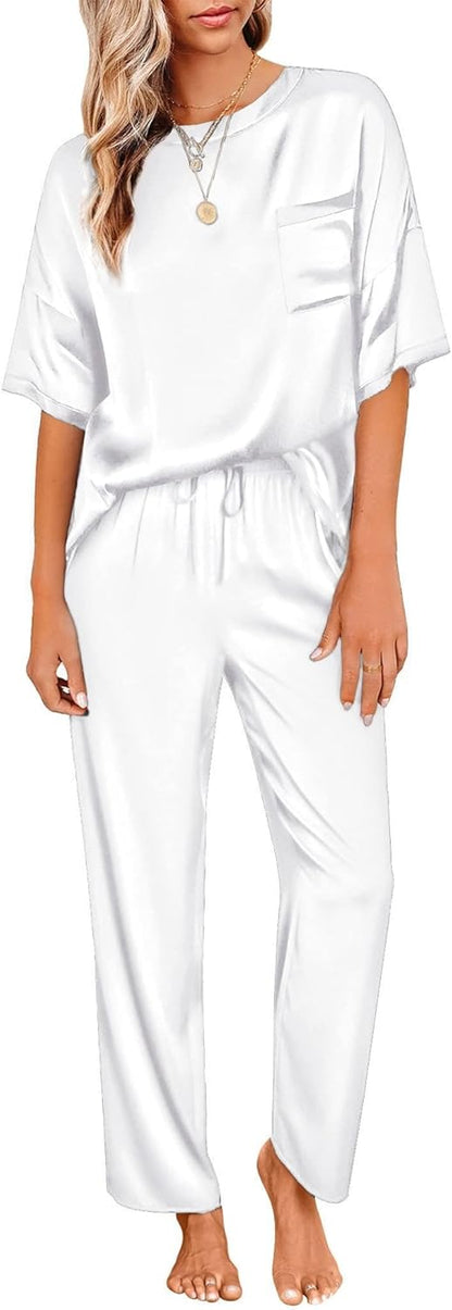 Ekouaer Womens Satin Silky Pajama Set Short Sleeve Shirt with Long Pajama Pant Set Soft PJ Loungewear