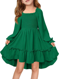 Haloumoning Girls Lantern Long Sleeve Dresses Kids Square Neck High Low Hem Smocked Fall Dress 5-14 Years