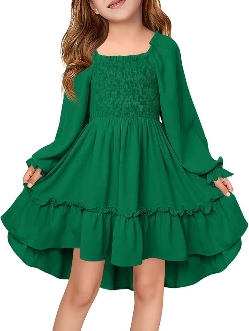 Haloumoning Girls Lantern Long Sleeve Dresses Kids Square Neck High Low Hem Smocked Fall Dress 5-14 Years