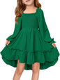 Haloumoning Girls Lantern Long Sleeve Dresses Kids Square Neck High Low Hem Smocked Fall Dress 5-14 Years