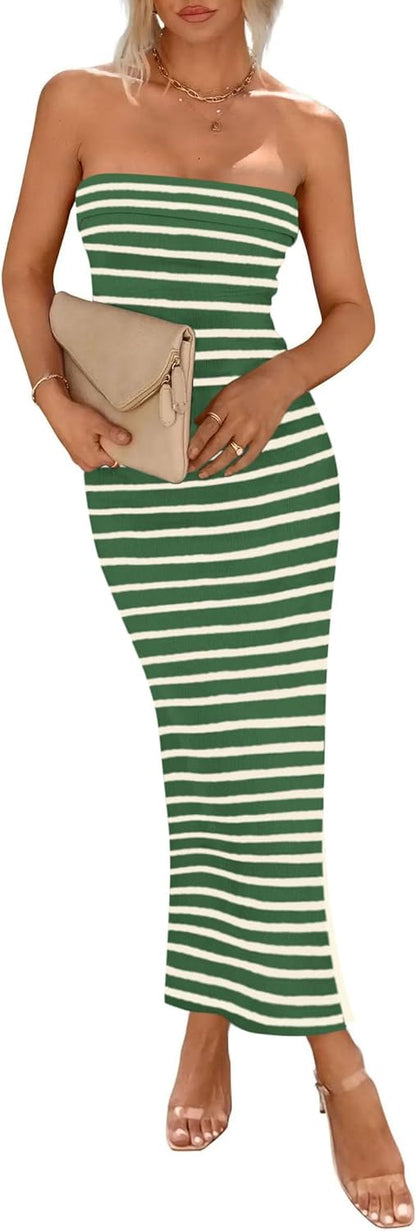 PRETTYGARDEN Women's Summer Bodycon Maxi Tube Dress Ribbed Strapless Side Slit Long Going Out Casual Elegant Party Dresses