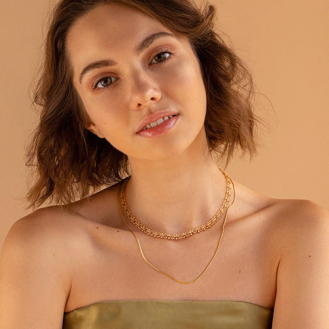 Aobei Pearl 18K Gold Plated Paperclip Chain Choker Satellite Chain Freshwater Cultured Biwa Pearl Pendant Necklace Dainty Turquoise Jewelry for Women