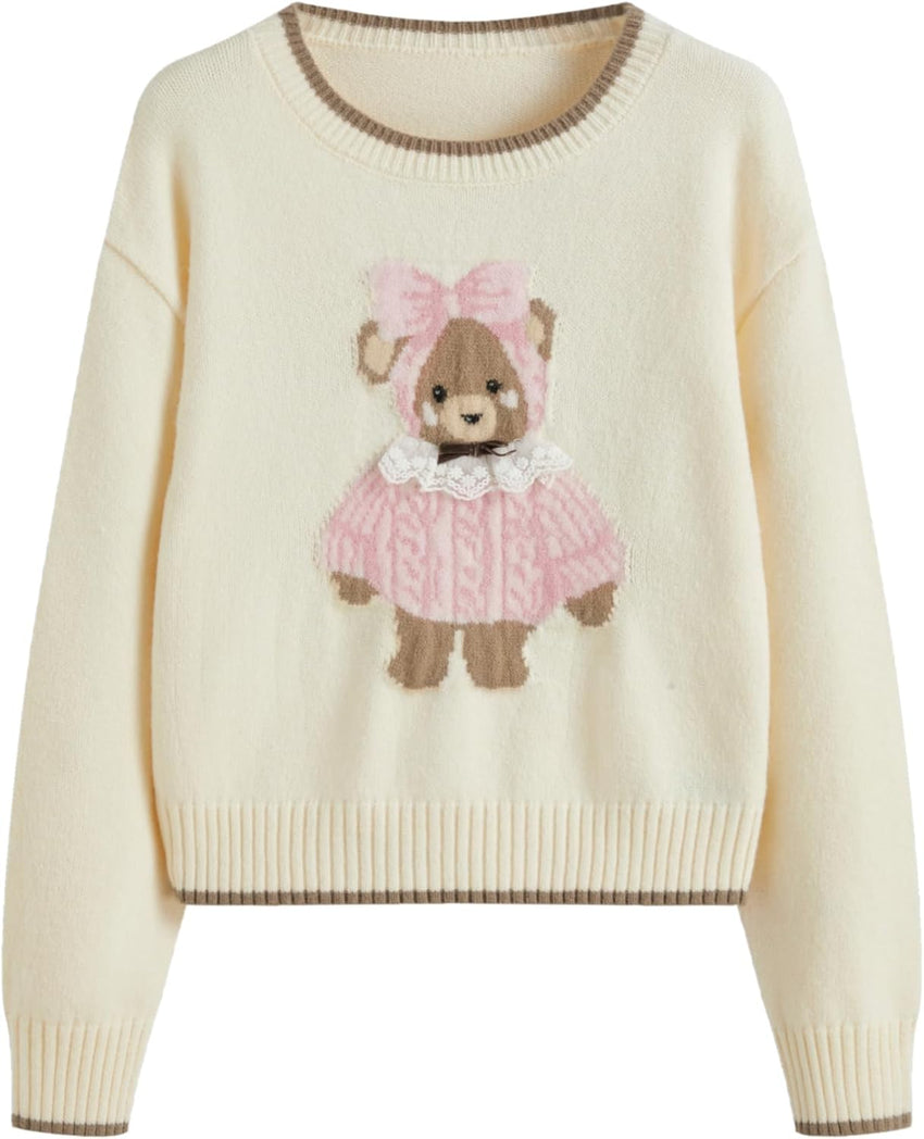 CIDER Women's Fall Sweaters Long Sleeve Cute Sweaters Bear Graphic Crewneck Soft Knit Casual Cropped Pullover