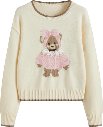 CIDER Women's Fall Sweaters Long Sleeve Cute Sweaters Bear Graphic Crewneck Soft Knit Casual Cropped Pullover