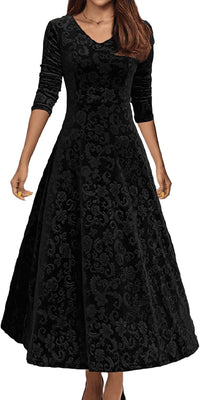 Women's Velvet Midi Dresses Floral Print Long Sleeve V Neck Formal Wedding Guest Fall Winter Dress