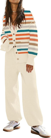Women's 2 Piece Outfit Lounge Set Trendy Cardigan Sweater Pants Sets V Neck Button Pocket Knit Matching Loungewear