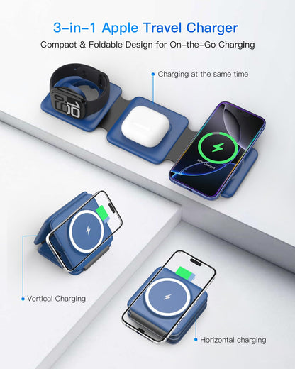 Charging Station for Apple Multiple Devices - 3 in 1 Foldable Magnetic Wireless Charger Dock - Travel Charging Pad for iPhone 17 16 15 14 13 12 Pro Max Plus Watch & Airpods (Clearance)