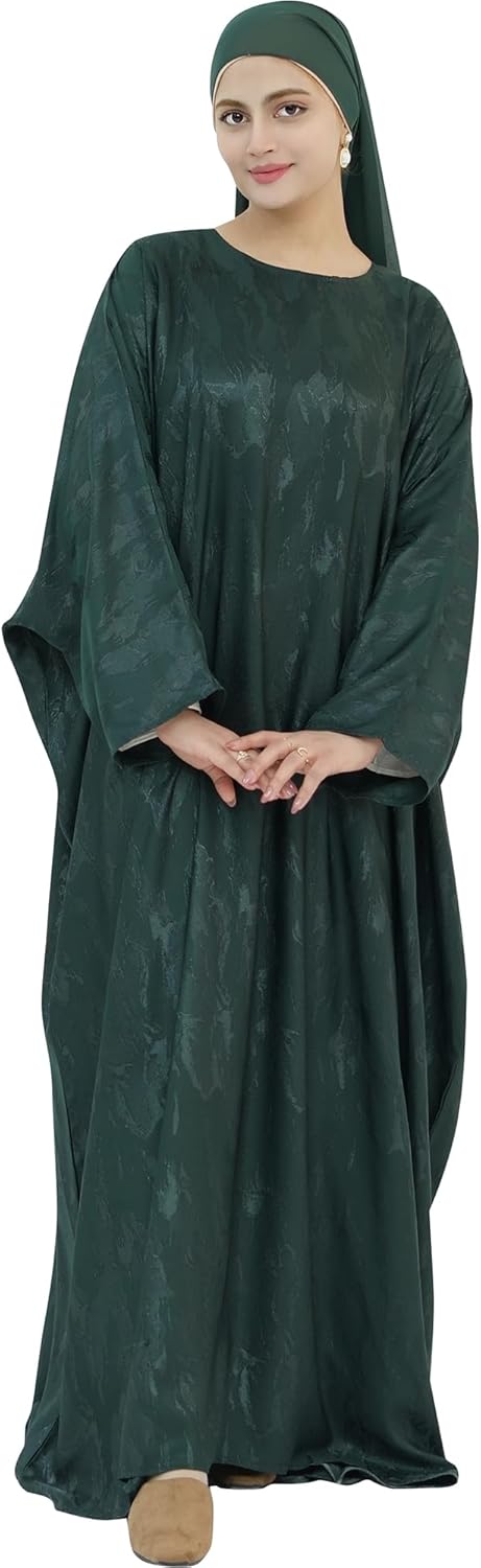 Elegant Eid Clothes Women Muslim Glossy Batwing Sleeve Abaya Ramadan Prayer Dress with Belt