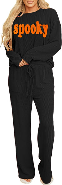 Women Pajamas Set Loungewear Ribbed Long Sleeve Top and Pants with Pockets Lounge Sweatsuit Set