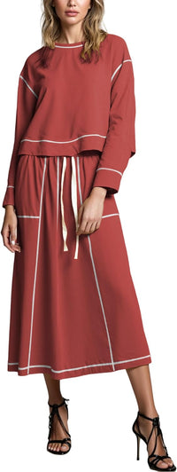 Women’s 2 Piece Skirt Sets Long Sleeve Crewneck Pullover Tops Drawstring Midi Skirt Lounge Set Fall Outfits
