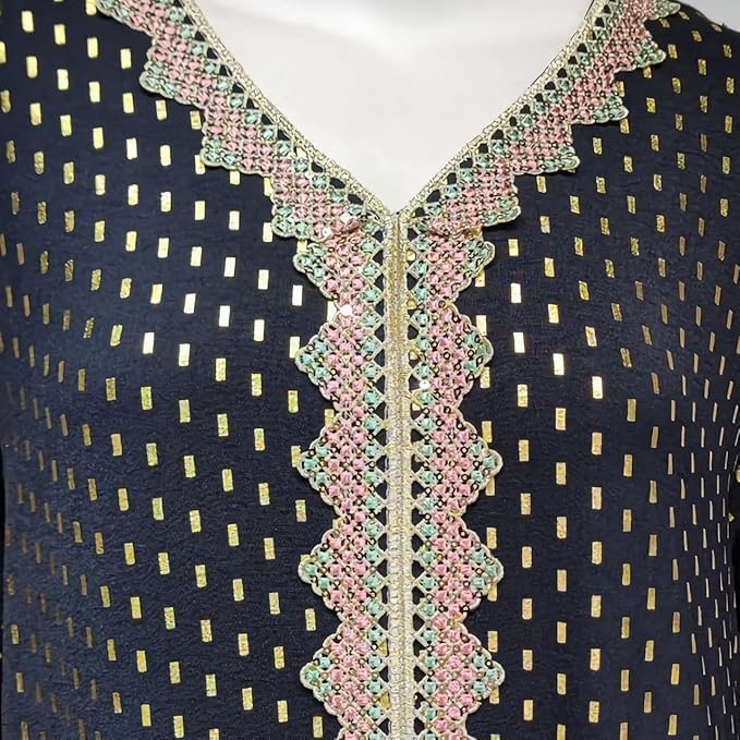 Boedaty Women Summer Muslim Abaya Dress One-Piece Embroidered V Neck Bronzing Kaftan Dress Full Length Party Dress