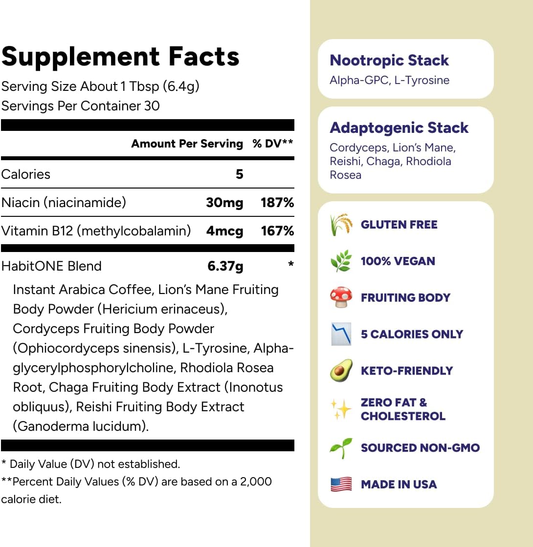 Instant Mushroom Coffee Arabica - Lion’s Mane, Cordyceps, Reishi, Chaga – Alpha-GPC & L-Tyrosine, B12 & B3 – Better Energy, Focus, Digestion & Immunity – Made in USA – 30 Servings