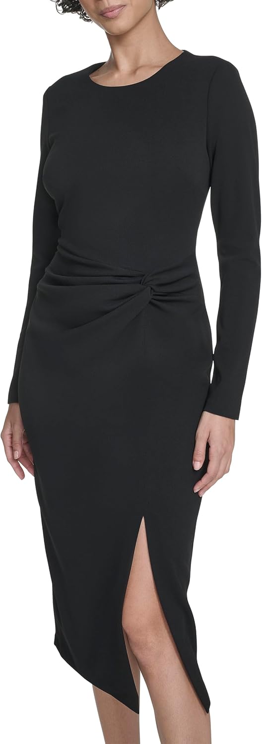 Calvin Klein Womens Long Sleeve Round Neck Scuba Crepe Side Ruffle Midi Dress